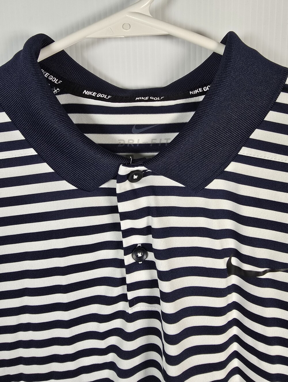 NWOT Nike Mens Navy and White Striped Dri-fit Short Sleeve Golf Polo Size L - Picture 3 of 11